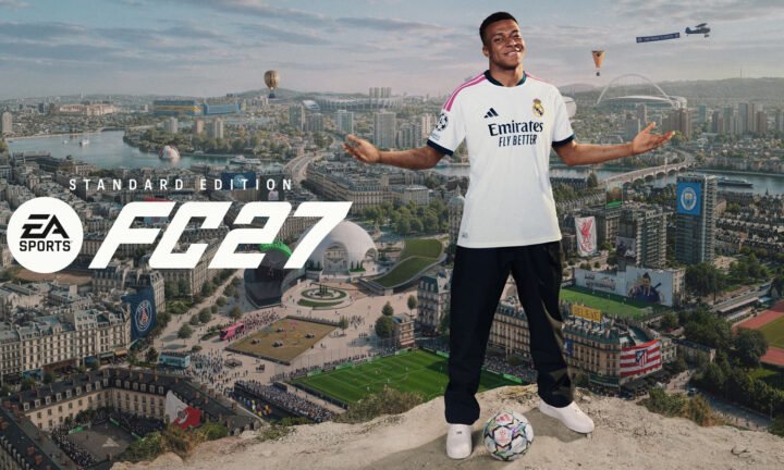 Arte da Edição Standard com Kylian Mbappé sobre uma cidade de estádios, usada na pré-venda do EA Sports FC 27