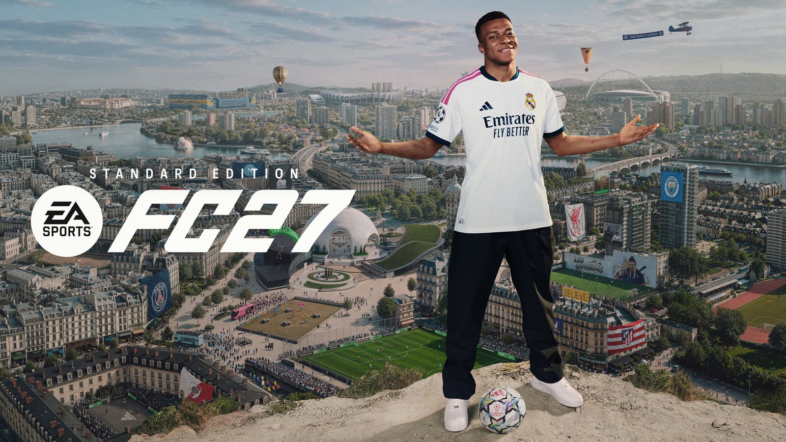 Arte da Edição Standard com Kylian Mbappé sobre uma cidade de estádios, usada na pré-venda do EA Sports FC 27