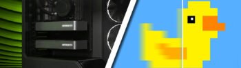 RTX 3090 com Lossless Scaling ilustrada por PC com duas placas GeForce e pato amarelo desfocado