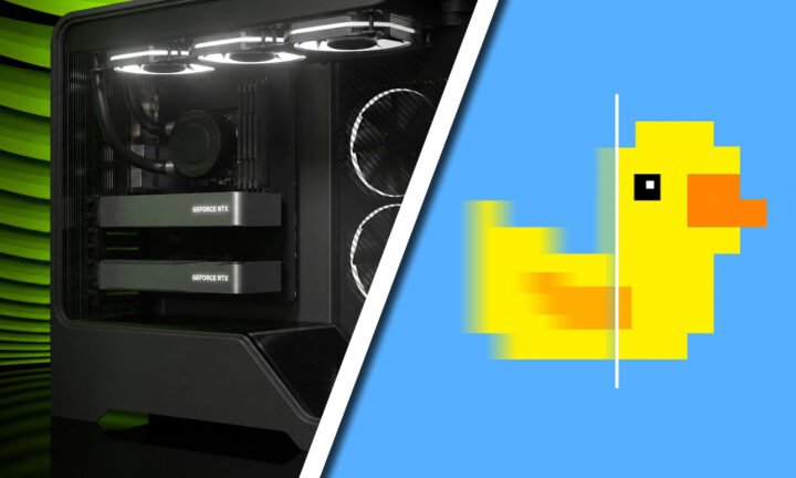 RTX 3090 com Lossless Scaling ilustrada por PC com duas placas GeForce e pato amarelo desfocado