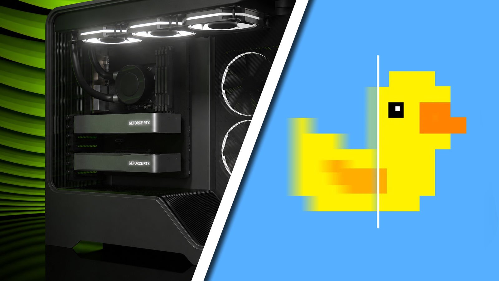 RTX 3090 com Lossless Scaling ilustrada por PC com duas placas GeForce e pato amarelo desfocado