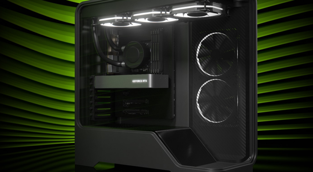 Arte da Nvidia com PC gamer e placa de vídeo GeForce RTX, tema do reajuste no preço das placas de vídeo