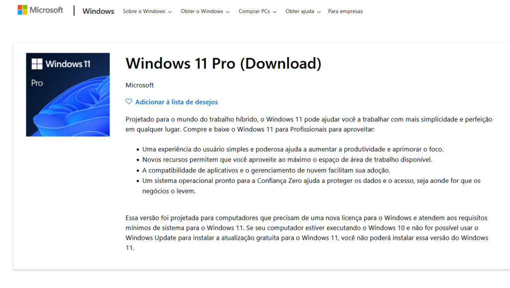 Página da Microsoft Store com a listagem oficial de venda do Windows 11 Pro para download