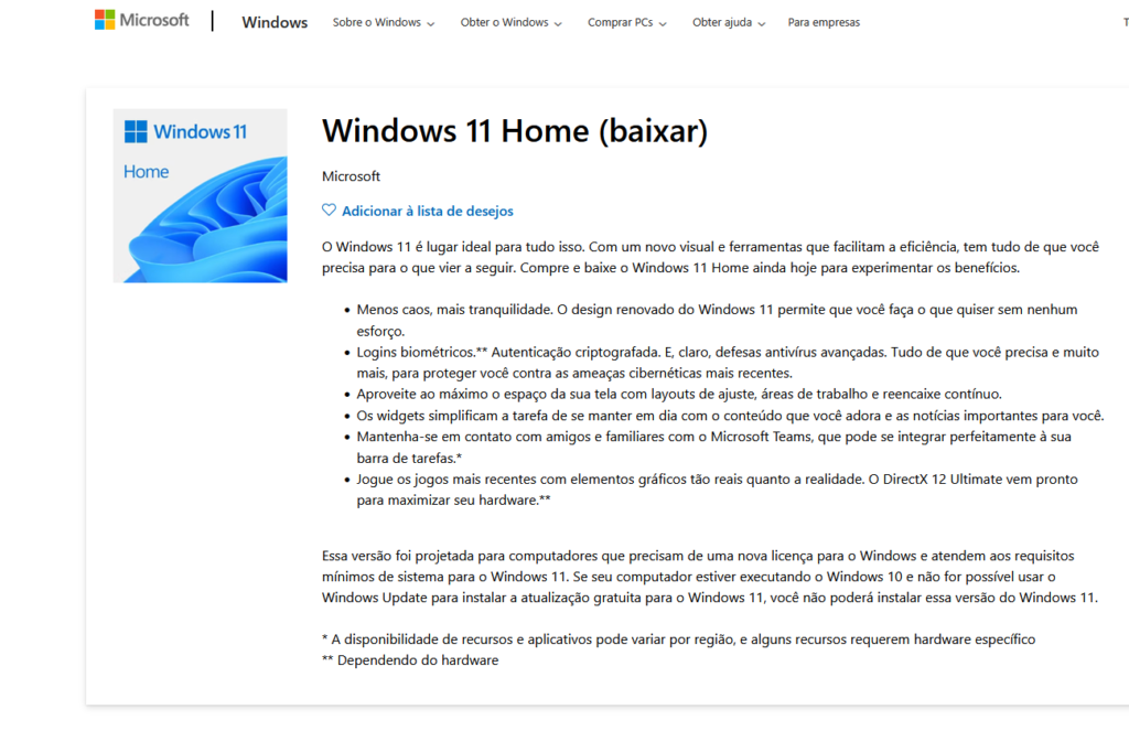 Página da Microsoft Store com a listagem oficial de venda do Windows 11 Home para download