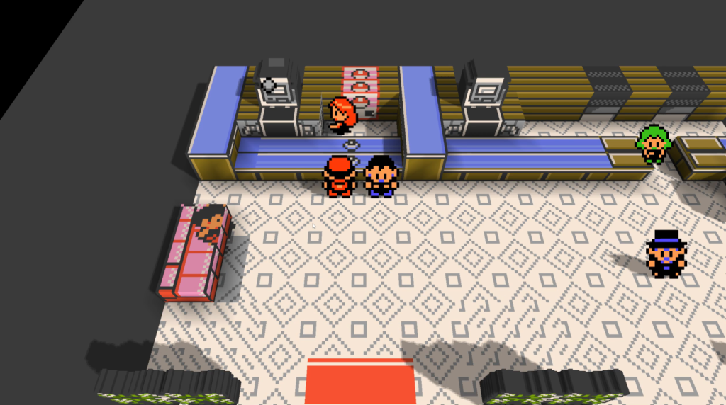 Captura de tela de Charmi mostra o mod 3D de Pokémon Red e Blue em um Centro Pokémon, com personagens, balcões e piso em perspectiva de voxels.