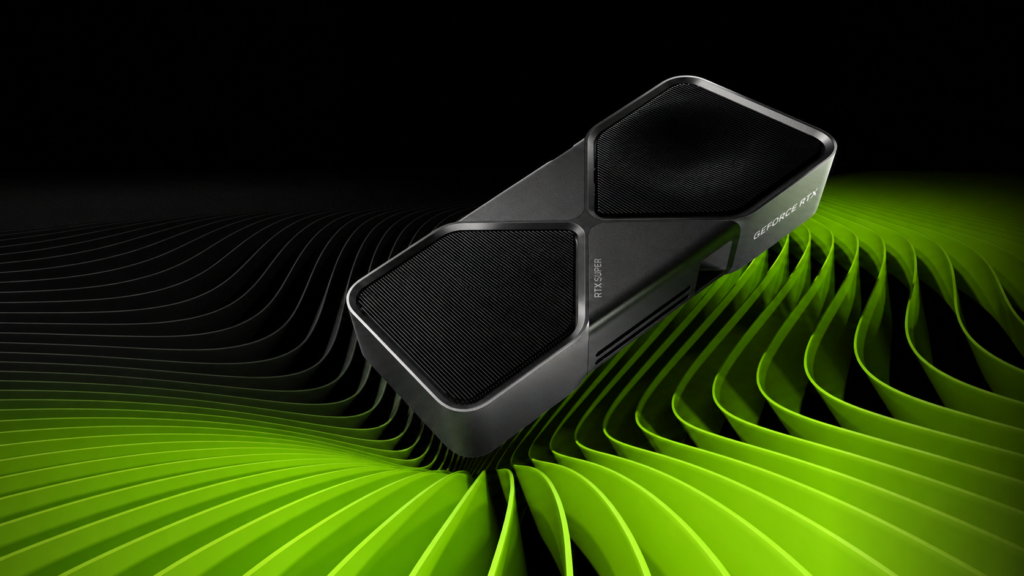 Placa de vídeo GeForce RTX SUPER da Nvidia sobre fundo verde ondulado, linha RTX 50 SUPER adiada pelo custo do GDDR7