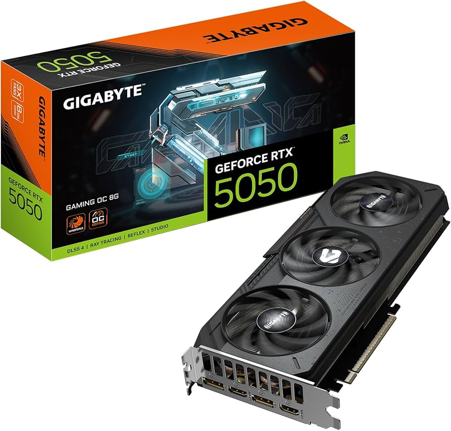 Placa de vídeo Gigabyte GeForce RTX 5050 Gaming OC de 8 GB ao lado da caixa, modelo com memória GDDR6 atingido pelo reajuste