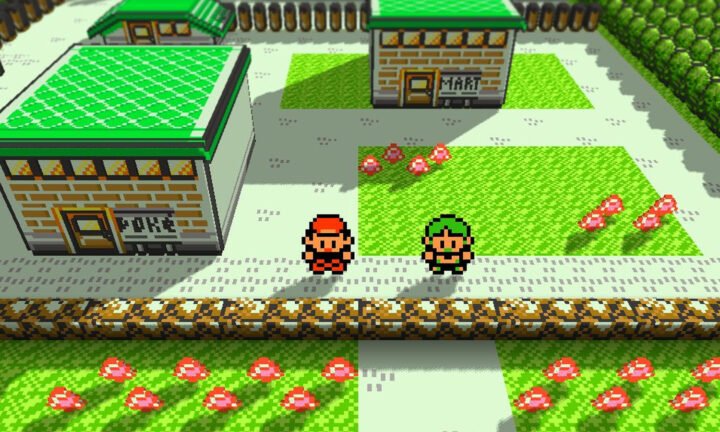 Captura de post de Mutahar no X mostra o mod 3D de Pokémon Red e Blue, com cenário em voxels, prédios, jardins e dois personagens