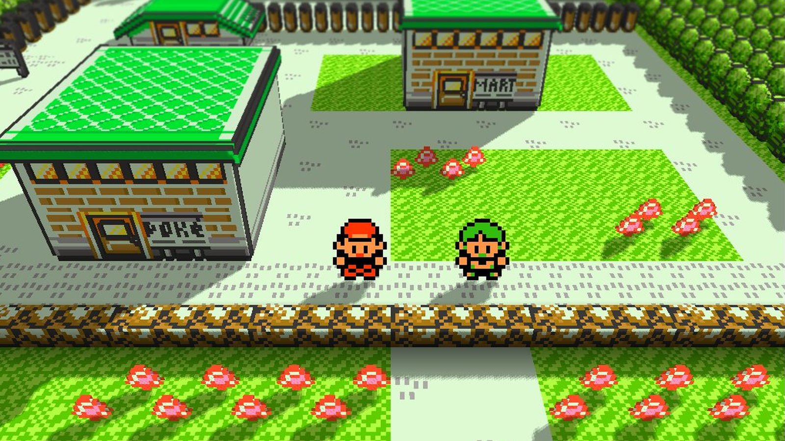 Captura de post de Mutahar no X mostra o mod 3D de Pokémon Red e Blue, com cenário em voxels, prédios, jardins e dois personagens