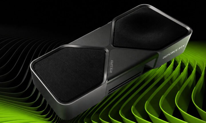 GPU GeForce RTX SUPER da Nvidia sobre fundo verde ondulado, linha RTX 50 SUPER adiada pelo custo do GDDR7