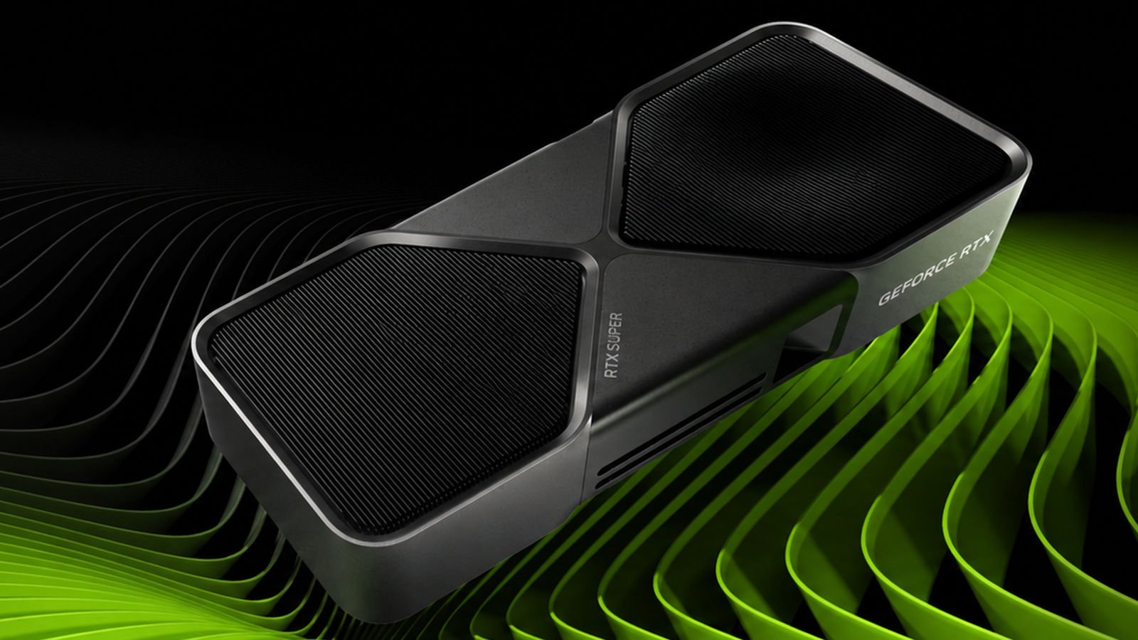 GPU GeForce RTX SUPER da Nvidia sobre fundo verde ondulado, linha RTX 50 SUPER adiada pelo custo do GDDR7