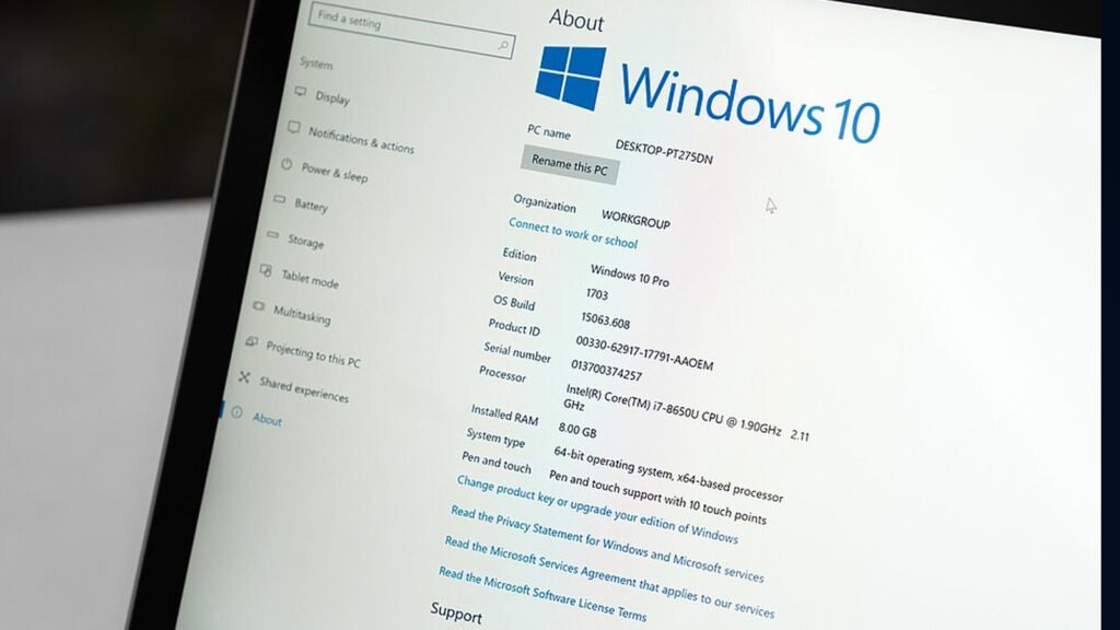 Tela de configurações Sobre do Windows 10 Pro exibindo edição, versão, build e processador do sistema