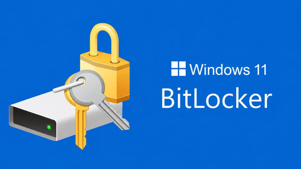 Ilustração de um HD externo com cadeado e chaves ao lado do logotipo do Windows 11, tema do BitLocker