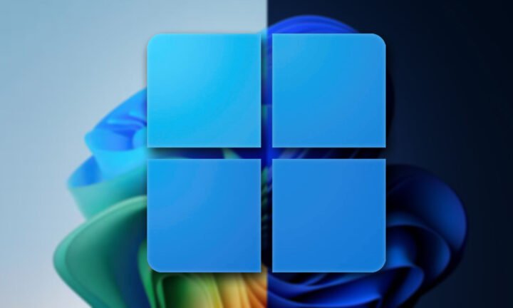 Logotipo do Windows 11 sobre fundo dividido entre papel de parede claro e escuro, tema do comparativo Windows 11 Home vs Pro