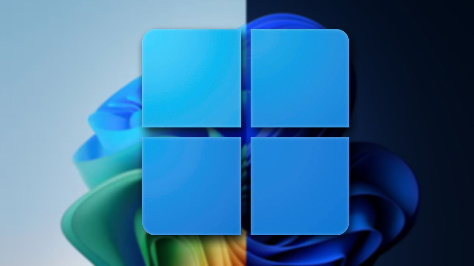Logotipo do Windows 11 sobre fundo dividido entre papel de parede claro e escuro, tema do comparativo Windows 11 Home vs Pro