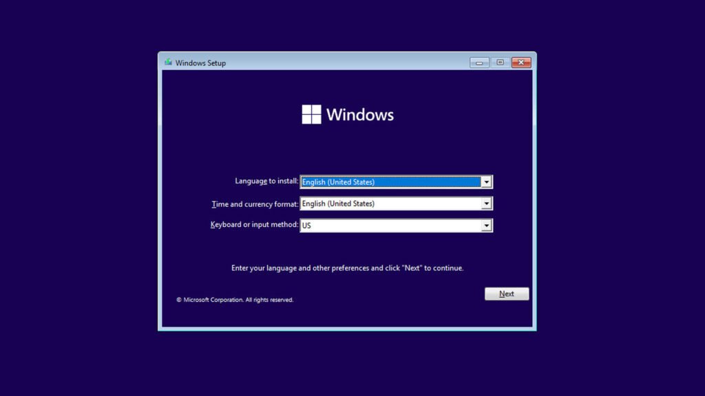 Tela inicial do instalador do Windows, com opções de idioma, formato e teclado antes de prosseguir