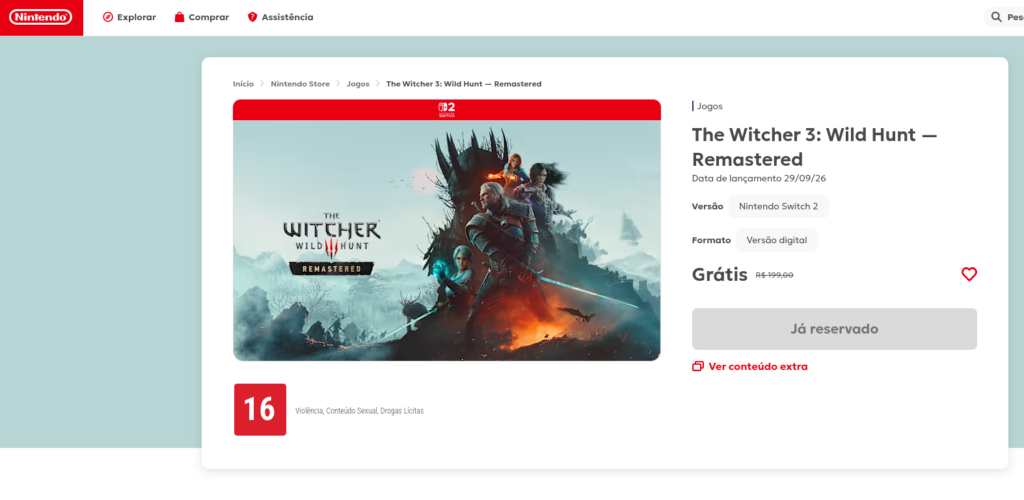 Página oficial da Nintendo eShopt com The Witcher 3 Wild Hunt Remastered para Nintendo Switch 2