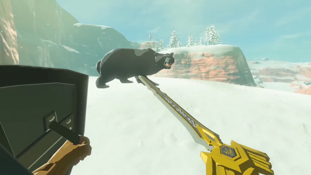 Visão em primeira pessoa no BetterVR: jogador ergue escudo e arma dourada diante de um urso na neve