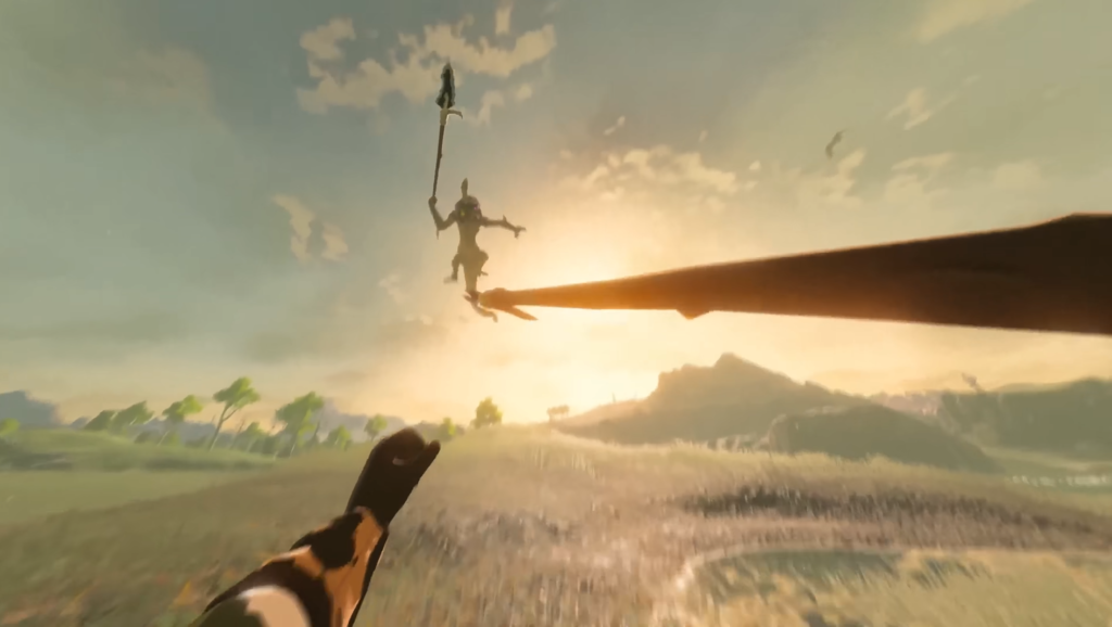 Inimigo salta com lança ao pôr do sol em Hyrule, visto em primeira pessoa no mod BetterVR via Cemu