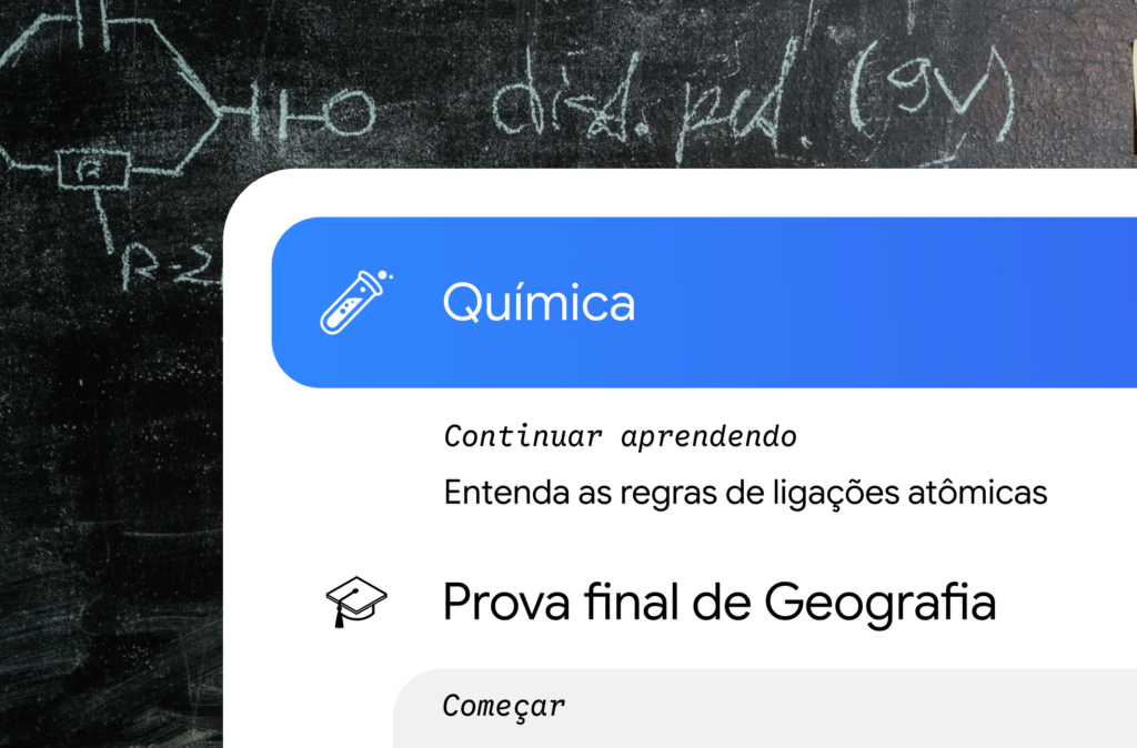 Tela de Gemini para estudantes mostrando o hub com o curso de Química e a prova final de Geografia