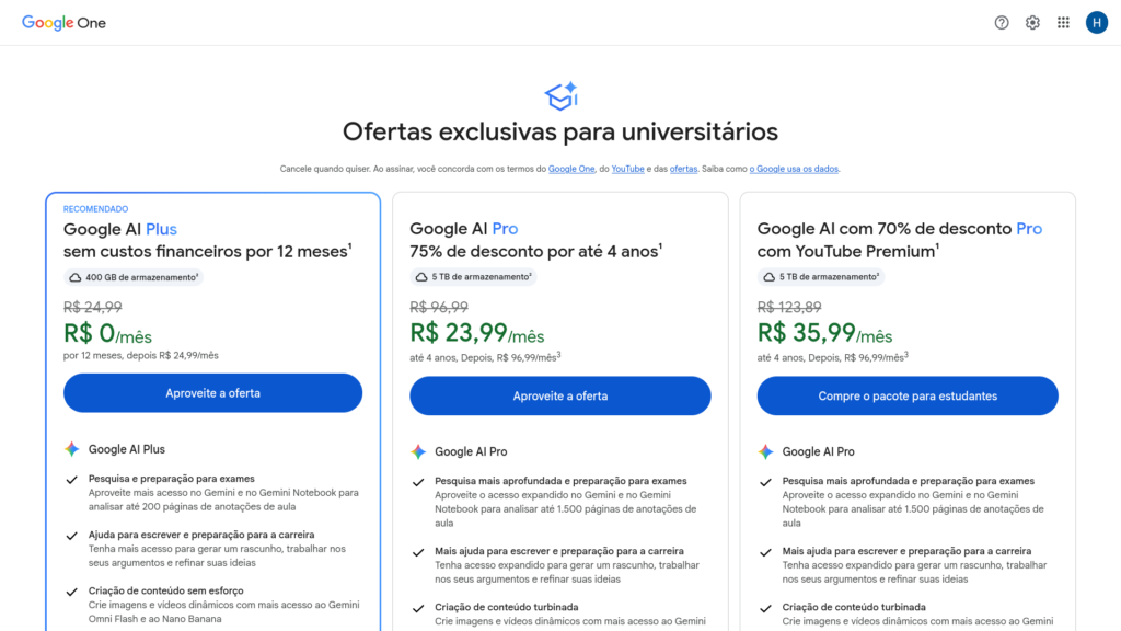 Página do Google One exibindo ofertas exclusivas para universitários com preços de R
0
,
R
0,R 23,99 e R$ 35,99