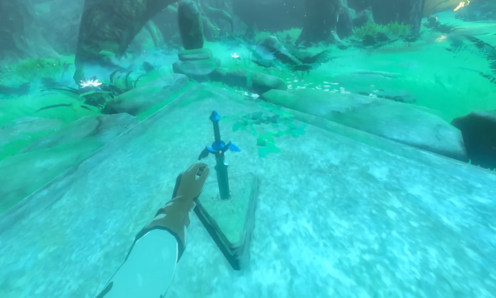 Mod BetterVR para Zelda em primeira pessoa: mão de Link se estende à Master Sword cravada no pedestal