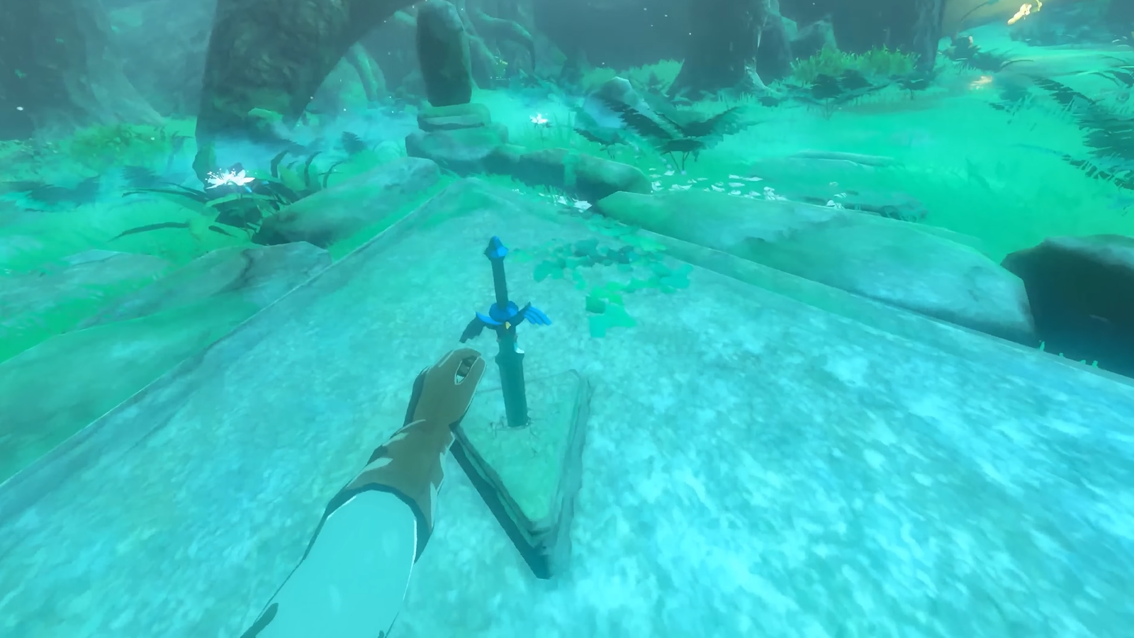 Mod BetterVR para Zelda em primeira pessoa: mão de Link se estende à Master Sword cravada no pedestal