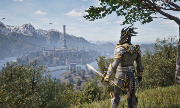 Personagem de Oblivion Remastered observa uma cidade cercada por montanhas, rios e vegetação
