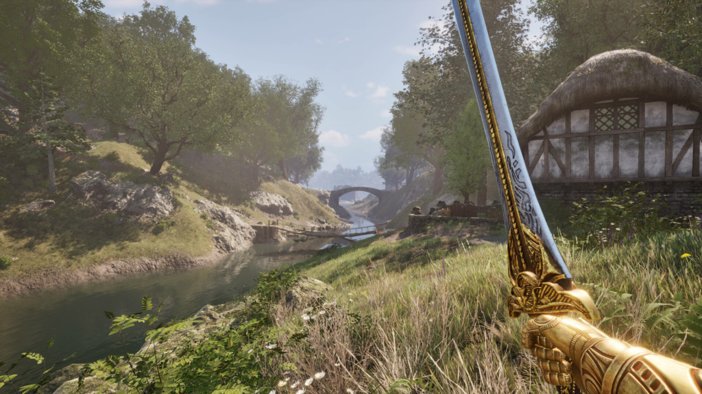 Espada dourada aparece em primeiro plano diante de uma casa, um rio e uma ponte em uma área arborizada de Oblivion Remastered