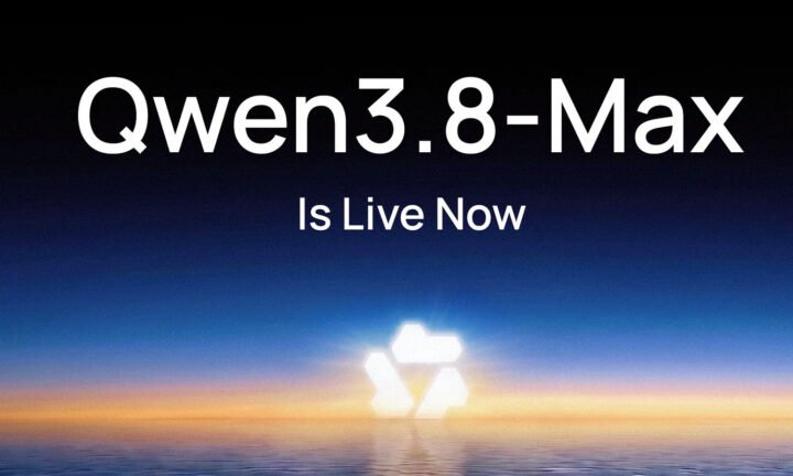 Arte promocional da Qwen anuncia Qwen3.8-Max como disponível, sobre horizonte azul e laranja com logotipo ao centro