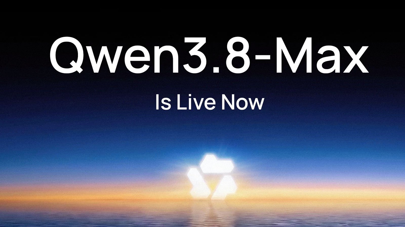 Arte promocional da Qwen anuncia Qwen3.8-Max como disponível, sobre horizonte azul e laranja com logotipo ao centro
