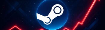 Logo da Steam sobre fundo azul escuro, com gráfico vermelho ascendente que representa o crescimento das configurações de hardware na plataforma.
