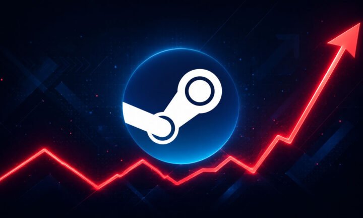 Logo da Steam sobre fundo azul escuro, com gráfico vermelho ascendente que representa o crescimento das configurações de hardware na plataforma.