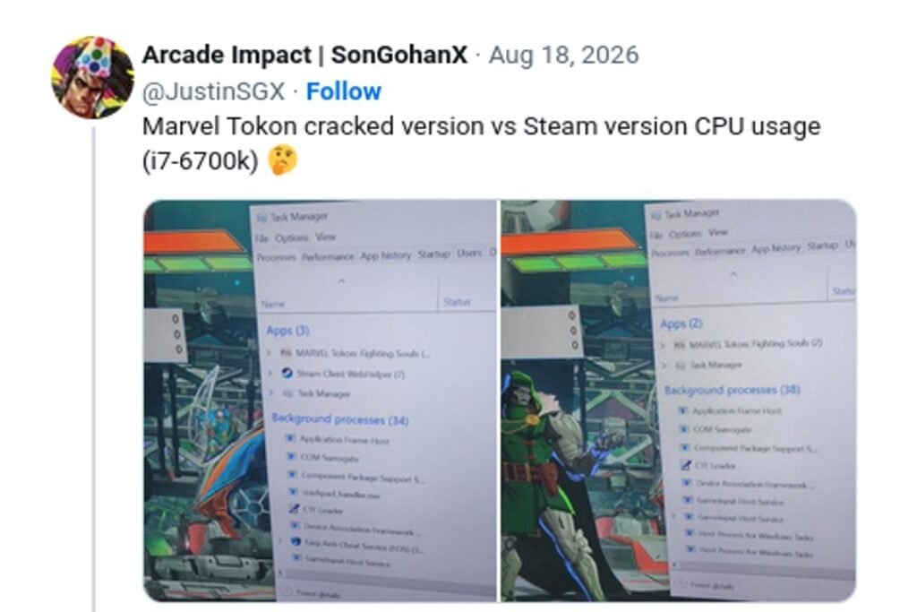 Tweet mostra Marvel Tōkon: Fighting Souls rodando melhor na versão pirata que na original. O post não está mais disponível